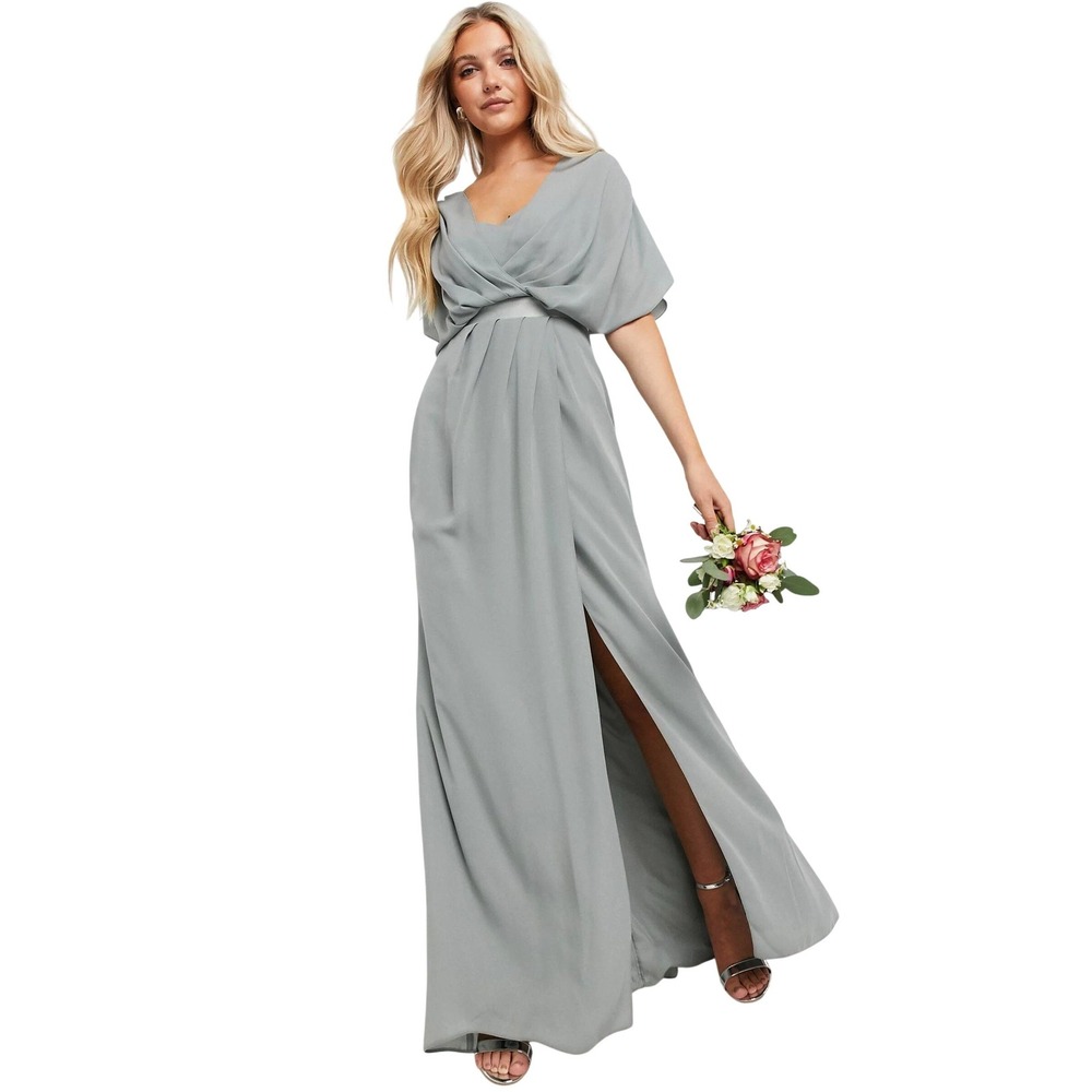 Asos Bridesmaid Short Sleeve Chiffon Maxi Dress Sage Green 0